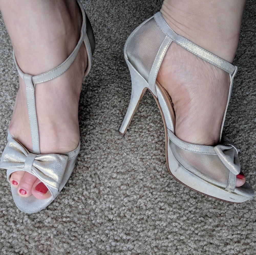 Kate Spade gold and nude t-strap bow heels